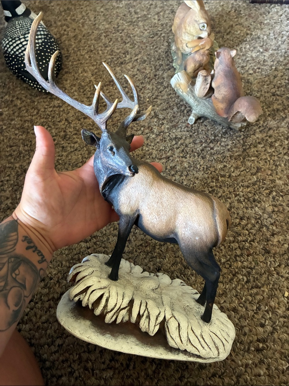 Handcrafted Brown and Black Elk Sculpture - Decorative Home Art